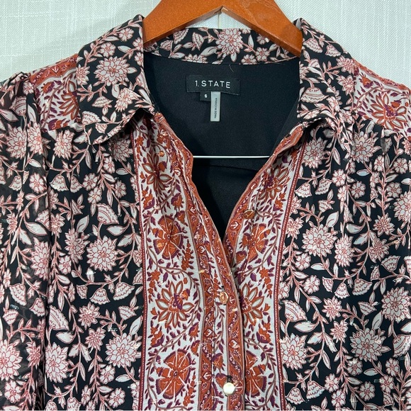 1. State NWT Floral Gold Metallic Button Front Bell Sleeve Boho Dress Sz S - Picture 7 of 12